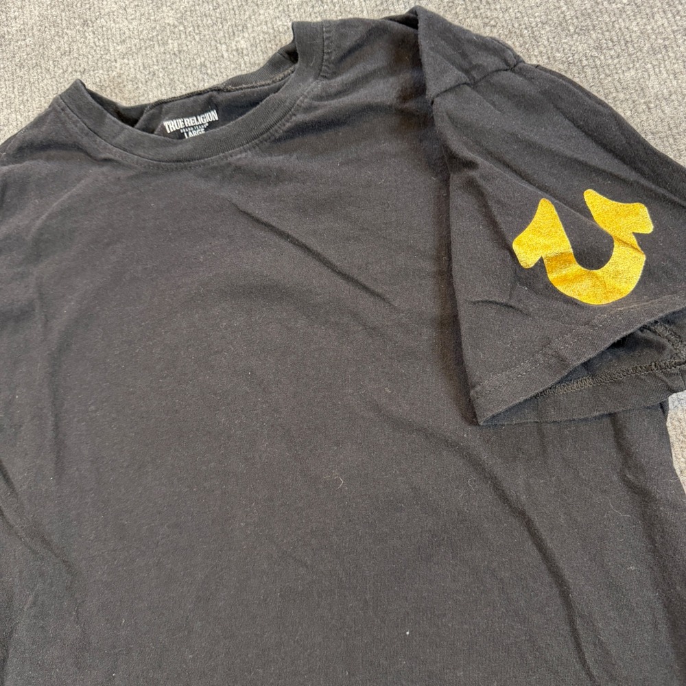 True Religion Mens Black Gold Foil Horseshoe Sleeve Logo T-Shirt Large L